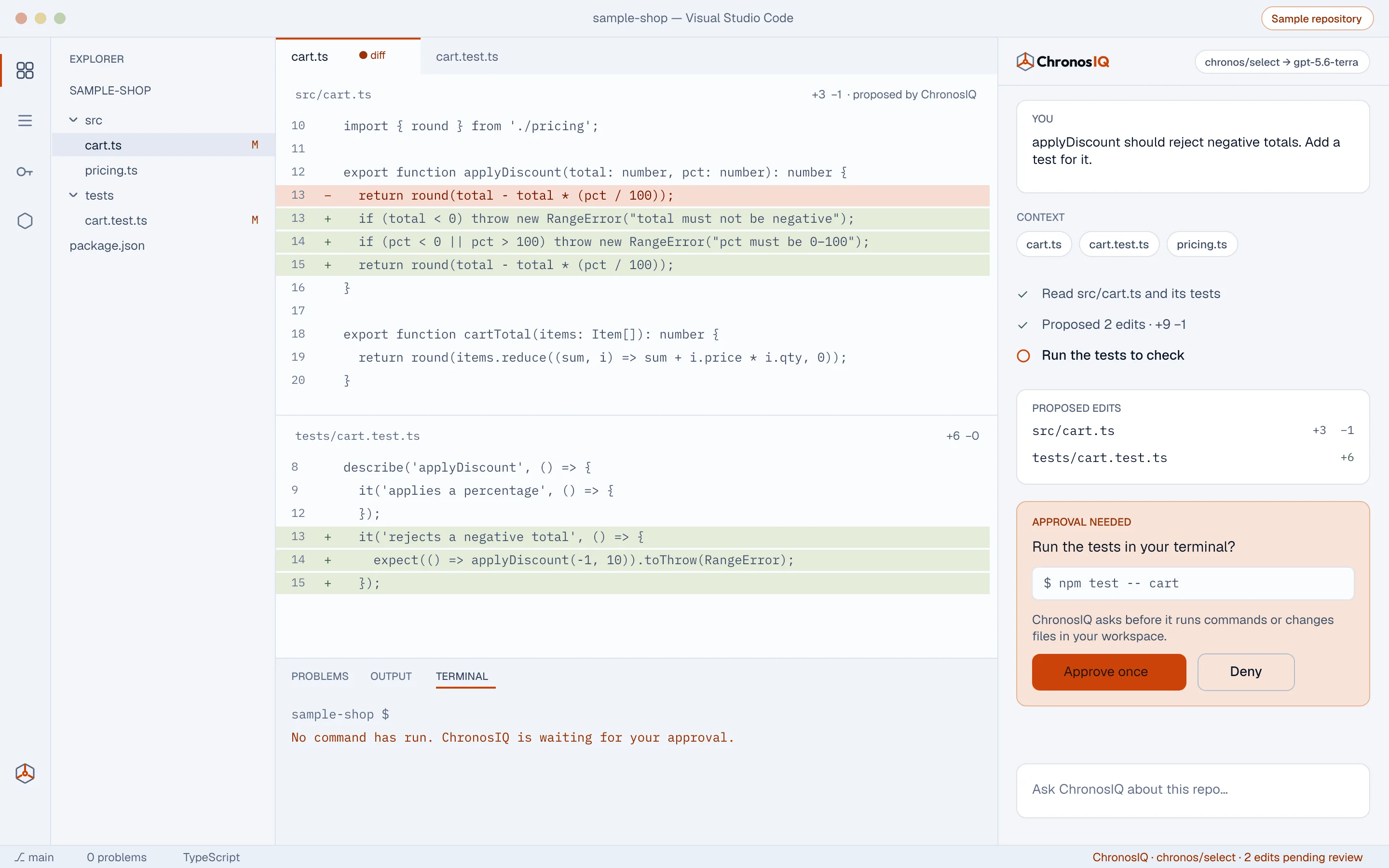 A ChronosIQ session in VS Code on a sample repository: a task, a proposed two-file diff, and a request for approval before any command runs. In development.