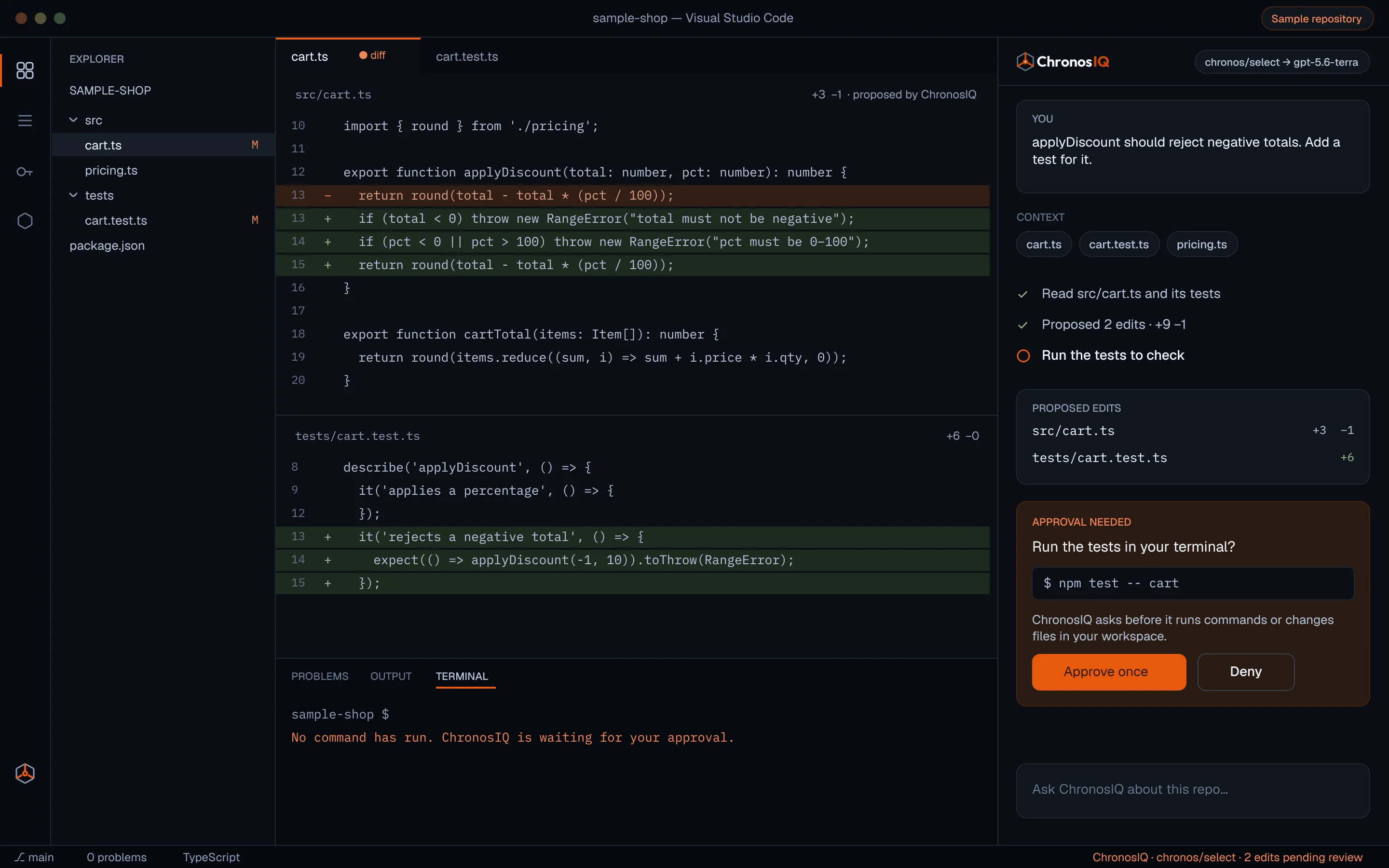 A ChronosIQ session in VS Code on a sample repository: a task, a proposed two-file diff, and a request for approval before any command runs. In development.