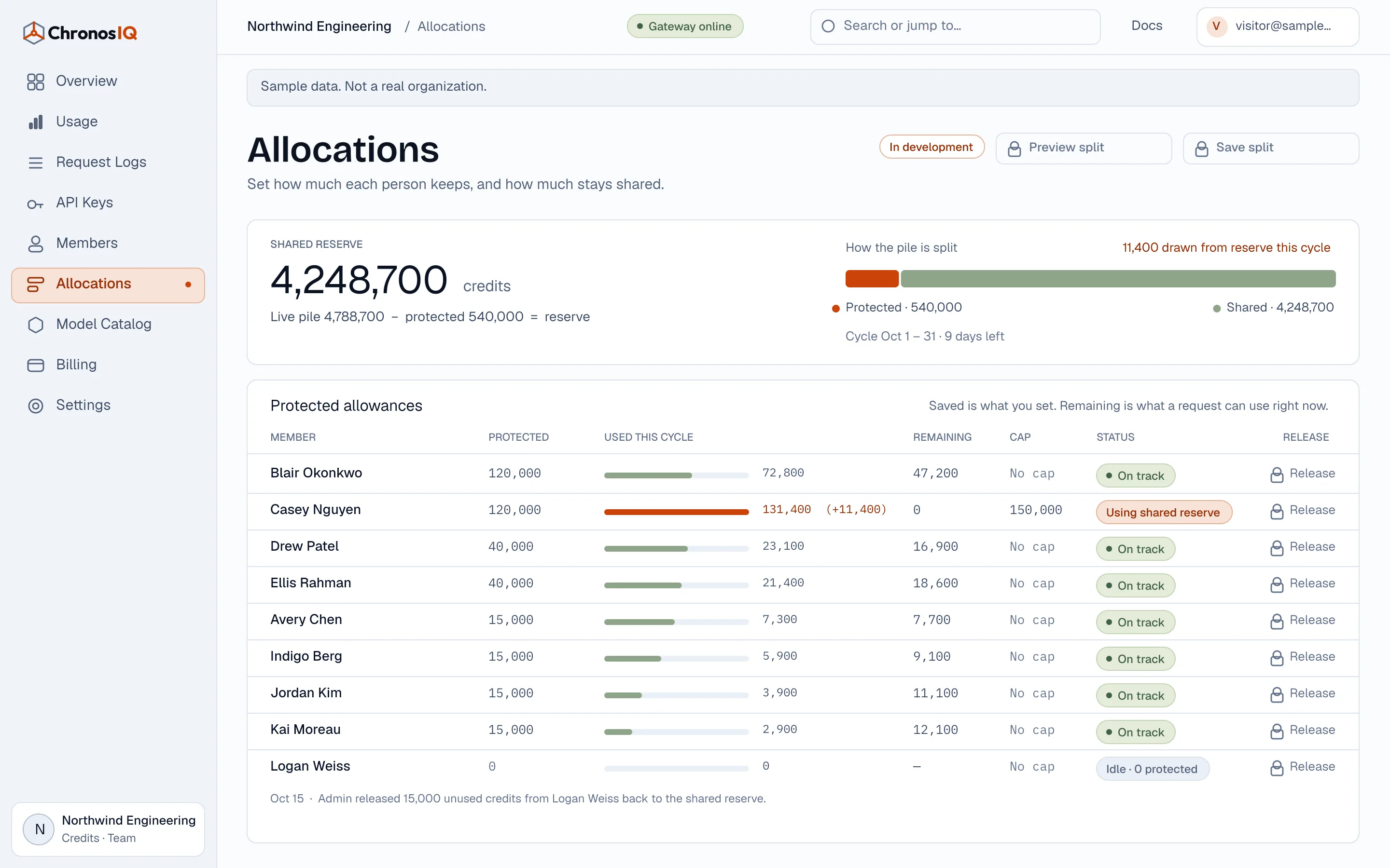 An allocations page for a sample organization: a shared reserve, protected allowances per member, one member drawing on the reserve and one idle member. In development.