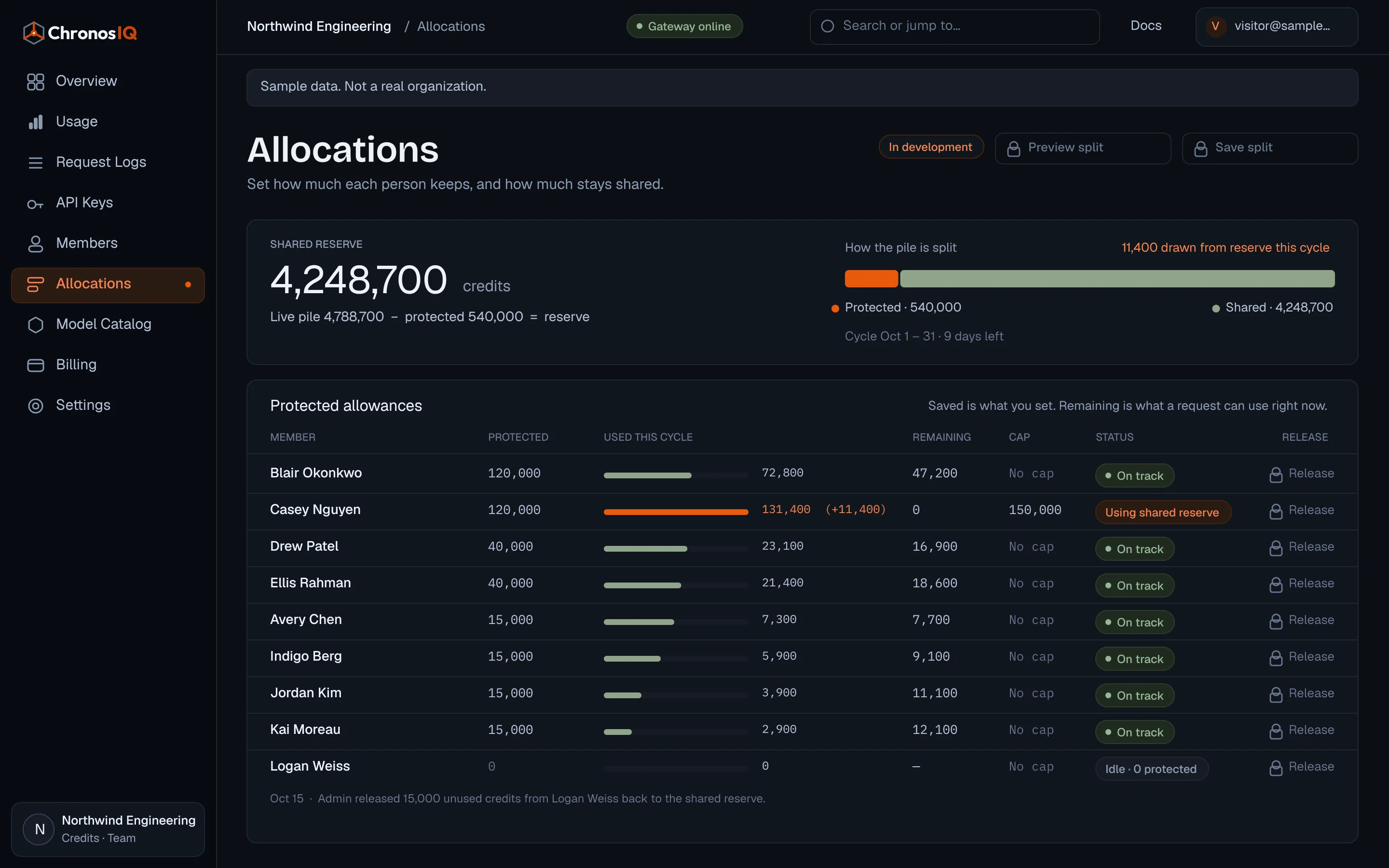 An allocations page for a sample organization: a shared reserve, protected allowances per member, one member drawing on the reserve and one idle member. In development.